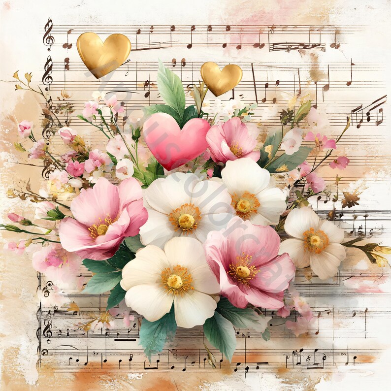 Peut inclure: Une peinture &agrave; l'aquarelle d'un bouquet de fleurs roses et blanches avec des c&oelig;urs dor&eacute;s sur une feuille de musique.