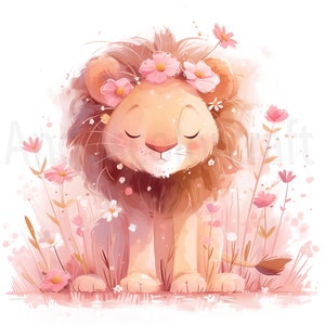 Aquarelle bébé floral lion clipart, 19 images de haute qualité, lot de cliparts Lion adorable, chambre de bébé Lion, produits imprimables, usage commercial