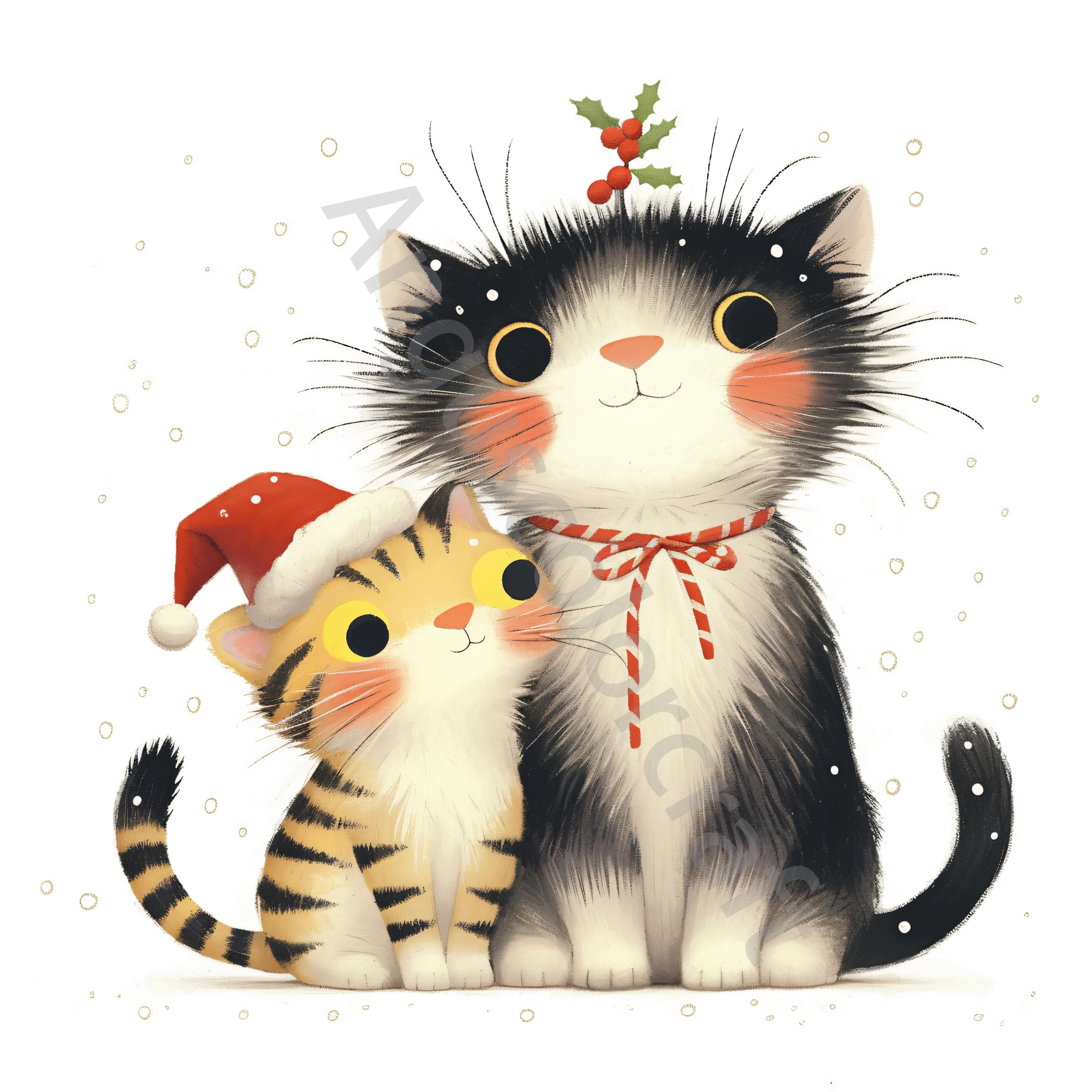 10 Christmas Cats Clip Art Watercolor Clipart Jpgs, Junk Journaling ...