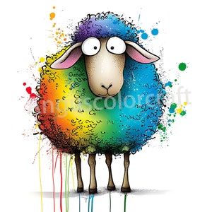 May include: A cartoon sheep with a rainbow colored wool coat and a white background. The sheep has a surprised expression on its face.