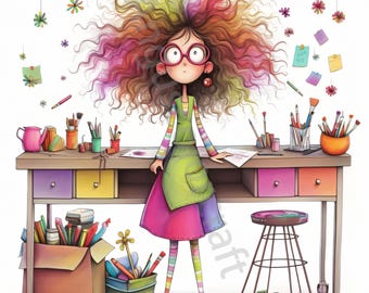 Puede incluir: Una ilustración colorida de una niña con un moño desordenado y gafas de pie junto a una mesa cubierta de materiales de arte. La mesa tiene cajones y está sobre ruedas. Hay un taburete al lado de la mesa. La niña lleva un delantal verde y una camisa a rayas.