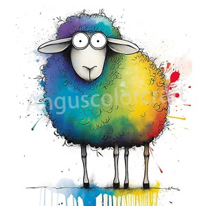 May include: A cartoon sheep with a rainbow colored wool coat. The sheep has large, round eyes and a white face. The background is white with colorful paint splatters.