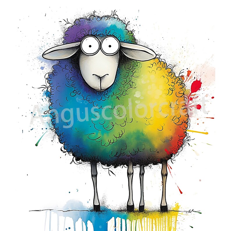 May include: A cartoon sheep with a rainbow colored wool coat. The sheep has large, round eyes and a white face. The background is white with colorful paint splatters.