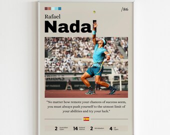 Cartel de Rafael Nadal, cartel de tenis, arte de la pared de la estrella del tenis, arte de decoración del hogar, impresión deportiva, regalo de fan del jugador de tenis de Nadal