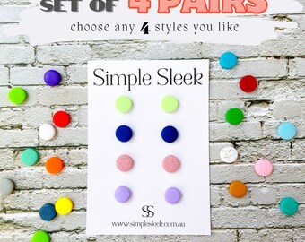 Set of 4 Pairs Simplistic Handmade Coloured Button Earrings, 9mm Handcraft Polymer Clay Round Earrings, Simple Studs or Clip On Earrings