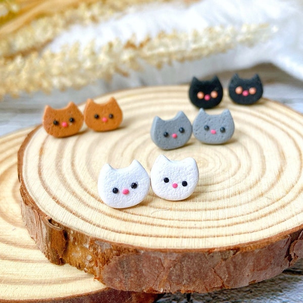 Handmade Hypoallergenic Cat Earrings, Studs or Clip On Cat Earrings, Cute Cat Head Handcraft Polymer Clay Earring Studs, Kitten Earrings