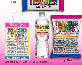 Teacher Appreciation Party Favors — 2 Design Set: Chip Bag, Water Bottle, Hershey Bar & Gift Bag