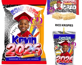 Graduation Party Favor Bundle with Mockups – Editable Chip Bags, Capri Sun, Rice Krispies & a Bonus Invitation Grad  for Kindergarten, Pre K