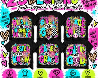 25 Christian Faith PNG Bundle, Jesus Sublimation Designs, Inspirational Bible Quotes, Colorful Christian Shirt Graphics