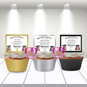 Paquete de adornos para cupcakes con diploma, adorno para cupcakes, diploma, diploma dorado, diploma plateado, diploma negro