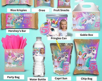 Unicorn Party Favor Bundle Canva Editable | 12 Digital Templates | Chip Bag, Capri Sun, Gable Box, Cupcake Toppers & More