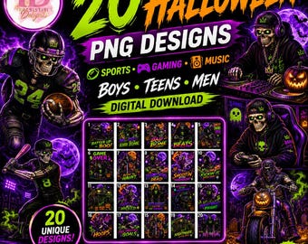 20 Halloween PNG Bundle, Sports Gamer Music Skeleton Designs, Football Baseball Basketball Soccer, Boys Teens Men Digital Download