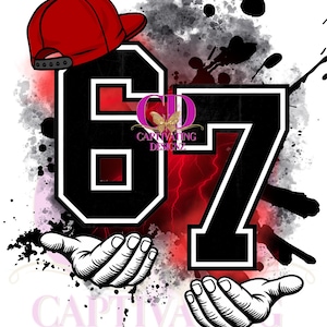 May include: Graphic design featuring the number 67 in black with a white outline, a red baseball cap, and two hands. The background has red lightning and black paint splatters. The text "Captivating Designz" is also present.