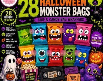 28 Halloween Chip Bag Templates, Monster Candy Bag Wrappers, Kids Halloween Party Favors, Printable Treat Bags, Digital Download