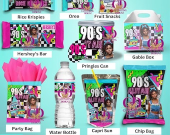 90's Party Favor Bundle, Chip Bag, Capri Sun, Pringles, Water Bottle, Gift Bag, Gable Box, Cup cake toppers