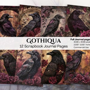 Carta corvo, carta uccello, rose, fiori, carta gotica, nero bordeaux, Halloween, stampabile, carta da parati, download, album, commerciale