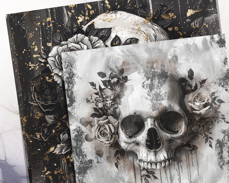 Skull Paper, Skeleton Paper, Roses, Flowers, Gothic Paper, Black White