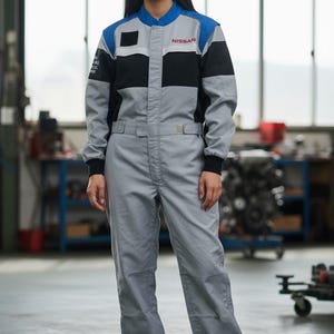 May include: A gray jumpsuit with blue and black accents, featuring the "NISSAN" logo in red. The workwear has a collared neckline, long sleeves, and a belted waist. The person is wearing white sneakers.