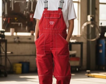 Vintage Rote Audi Arbeitskleidung Latzhose | Gesticktes Logo im JDM Mechanic Style