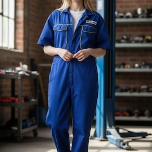 May include: A blue mechanic's jumpsuit with gold trim and a white t-shirt underneath. The jumpsuit has short sleeves, pockets, and a logo on the chest. The person is wearing white sneakers. The background is a garage setting.