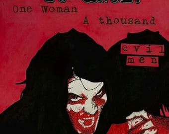 May include: A red and black graphic art piece with the text "My Chemical Romance" at the top. The image features a stylized illustration of a person with red blood around the mouth and the words "One Woman A thousand evil men".