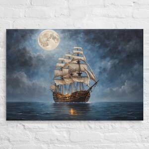 Moonlit Pirate Ship Canvas Wall Art, Starry Sky Painting, Ready To Hang Home Decor