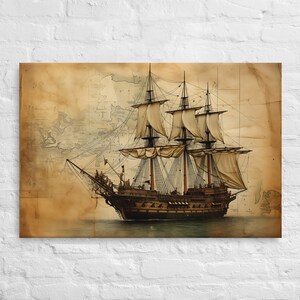 Pirate Ship and Old Fashion Map Canvas Wall Art, Ready To Hang Home Decor