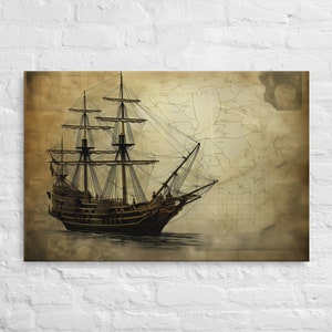 Pirate Ship and Old Fashion Map Canvas Wall Art, Ready To Hang Home Decor
