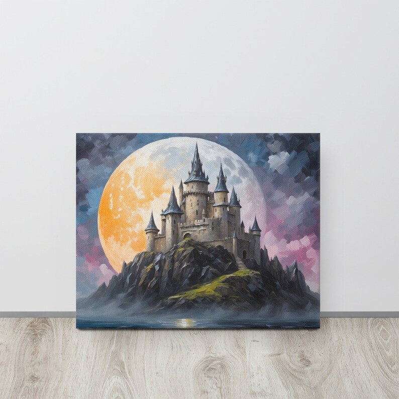 Magical Wizard Castle Wall Canvas, Castle With Big Full Moon Wall Art, Castle on an Island Large