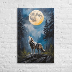 Wolf in Forest Oil Paint Canvas Wall Print, Wolf Howling at a Big Bright Full Moon, Ready to Hang Canvas Wall Art Home Decor