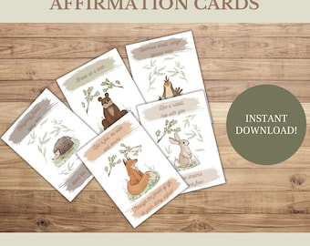 Puede incluir: Cinco tarjetas de afirmación imprimibles con animales del bosque y mensajes positivos. Las tarjetas están diseñadas con una estética rústica y presentan ilustraciones de un erizo, un oso, un zorro, un conejo y un búho.