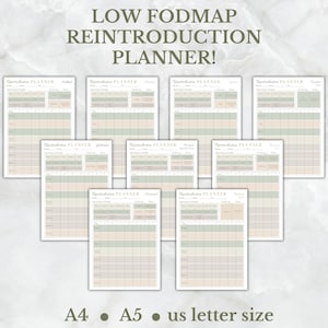 May include: A set of printable planner pages for a low FODMAP reintroduction diet. The pages are designed in a light green and beige colour scheme with a simple grid layout. The text "LOW FODMAP REINTRODUCTION PLANNER!" is at the top of the page.