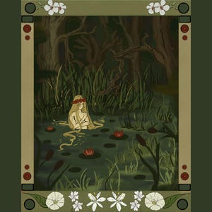 Puede incluir: Una mujer con el pelo largo y rubio y una corona de flores rojas se sienta en un pantano, rodeada de juncos verdes y nenúfares. El agua es de un verde turbio y el fondo es un bosque oscuro.