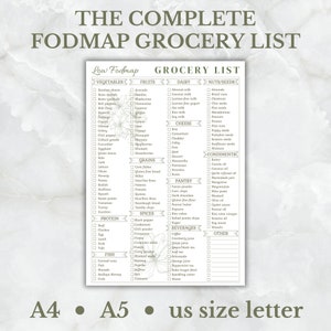 Puede incluir: Una lista de la compra imprimible para una dieta baja en FODMAP. La lista está organizada en categorías: verduras, frutas, lácteos, frutos secos/semillas, cereales, proteínas, pescado, especias, despensa, condimentos, bebidas y otros. La lista está diseñada para ayudar a las personas con síndrome del intestino irritable (SII) a controlar sus síntomas evitando los alimentos ricos en carbohidratos fermentables.