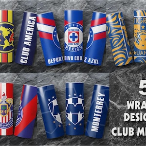 Puede incluir: Una colección de cinco diseños cilíndricos para equipos del Club México. Los diseños muestran logotipos y colores de equipos, incluyendo azul, rojo, amarillo y blanco. El texto incluye nombres de equipos y "Club México".