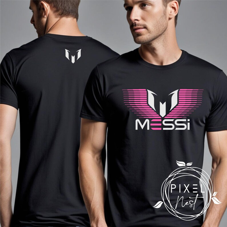 May include: Black t-shirt with a pink and white graphic of the letter "M" with the word "MESSI" underneath.