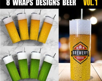 8 Beer Wrapper Designs, Beer Wrapper Pack for Sublimation, PNG 20 oz Slim Beer Glass. Instant Download