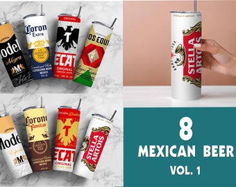 8 designs digitais para cerveja mexicana, rótulo para copo de 591 ml (20 oz), design de rótulo para cerveja em PNG, download digital em PNG.
