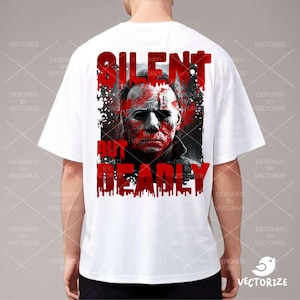 K&ouml;nnte beinhalten: Wei&szlig;es T-Shirt mit einem Grafikdruck eines Horrorfilmcharakters mit Blutspritzern und dem Text "Silent But Deadly".