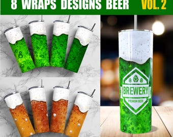 8 Beer Wrapper Designs, Beer Wrapper Pack for Sublimation, PNG 20 oz Slim Beer Glass. Instant Download