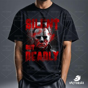 K&ouml;nnte beinhalten: Schwarzes T-Shirt mit einem Motiv eines maskierten Mannes mit Blutspritzern und dem Text "Silent But Deadly".