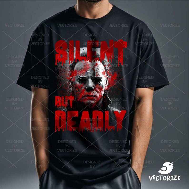 K&ouml;nnte beinhalten: Schwarzes T-Shirt mit einem Motiv eines maskierten Mannes mit Blutspritzern und dem Text "Silent But Deadly".
