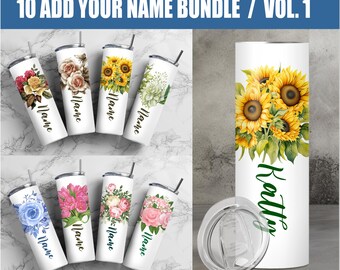 Pacote Floral para Personalização, Envoltório Floral para Copo Térmico PNG, Designs de Sublimação para Copos Térmicos com Flores e Texto Personalizado