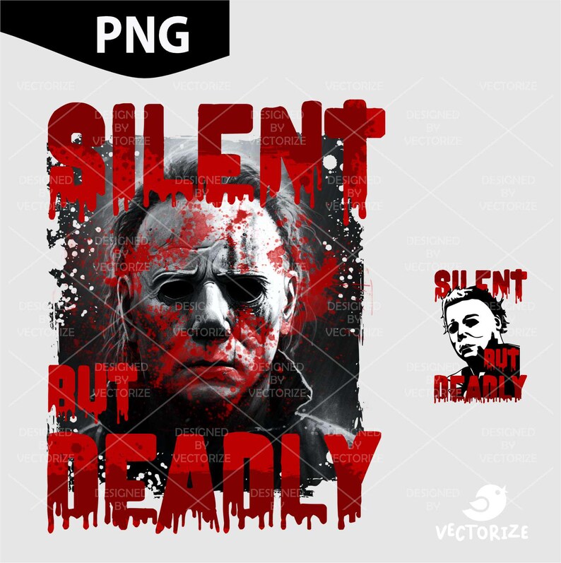 K&ouml;nnte beinhalten: Eine digitale Illustration einer Horrorfilmfigur mit einer blutigen Maske und dem Text "Silent But Deadly". Der Hintergrund ist ein rotes und schwarzes Spritzmuster.