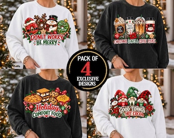 Christmas Sublimation PNG Bundle, 4 Holiday Designs, Christmas Coffee, Donuts & Comfort Food, Tumbler Shirt Designs, Instant Download
