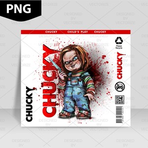Peut inclure: Conception graphique repr&eacute;sentant Chucky du film Child's Play. L'image montre Chucky tenant un couteau, avec des effets d'&eacute;claboussures de sang. Le mot "CHUCKY" est affich&eacute; en rouge.