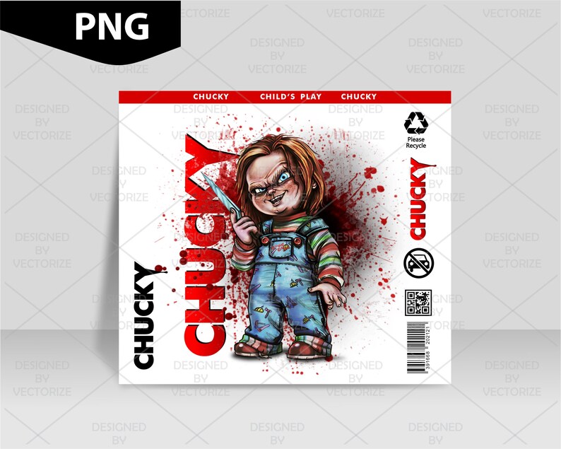 Peut inclure: Conception graphique repr&eacute;sentant Chucky du film Child's Play. L'image montre Chucky tenant un couteau, avec des effets d'&eacute;claboussures de sang. Le mot "CHUCKY" est affich&eacute; en rouge.
