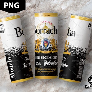 Puede incluir: Tres vasos aislados de 20 fl oz negros y blancos con un borde dorado. Los vasos presentan un diseño de una lata de cerveza con el texto "Cabrona Borracha" y un logotipo de león. El texto "Tu no eres bebecita eres bebedora" también se presenta en los vasos.