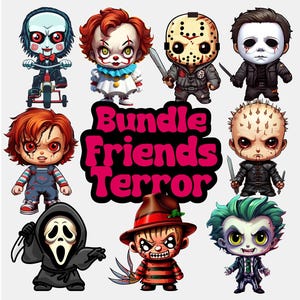 Może przedstawiać: Zestaw dziewięciu kreskówkowych postaci z horrorów, w tym Freddy Krueger, Jason Voorhees, Michael Myers i Chucky. Postacie są w stylu chibi i noszą swoje kultowe stroje. Tekst "Bundle Friends Terror" znajduje się w środku obrazu.