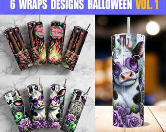 Opakowanie 6 opakowań na kubki na Halloween, neonowe wzory na Halloween, PNG.